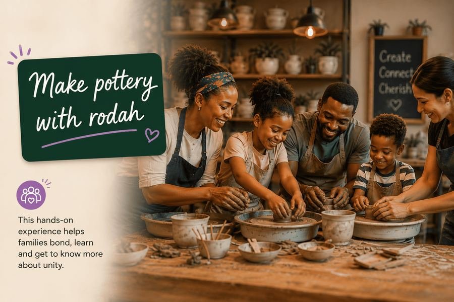 Family making pottery together at a workshop with Rodah
