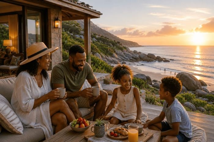 Family relaxing on a coastal deck at sunset