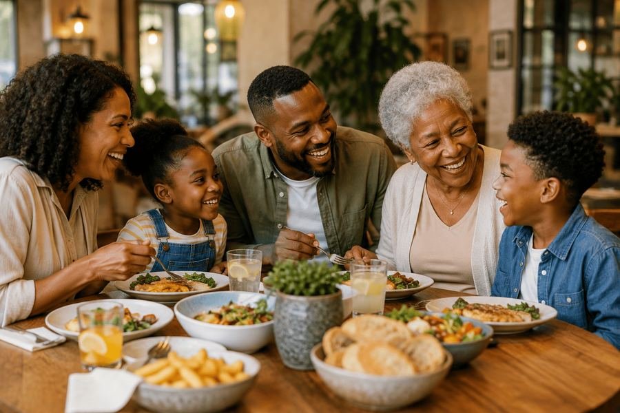 Family enjoying a meal together at a restaurant
