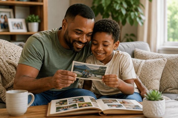 Father and son looking at a printed photograph together
