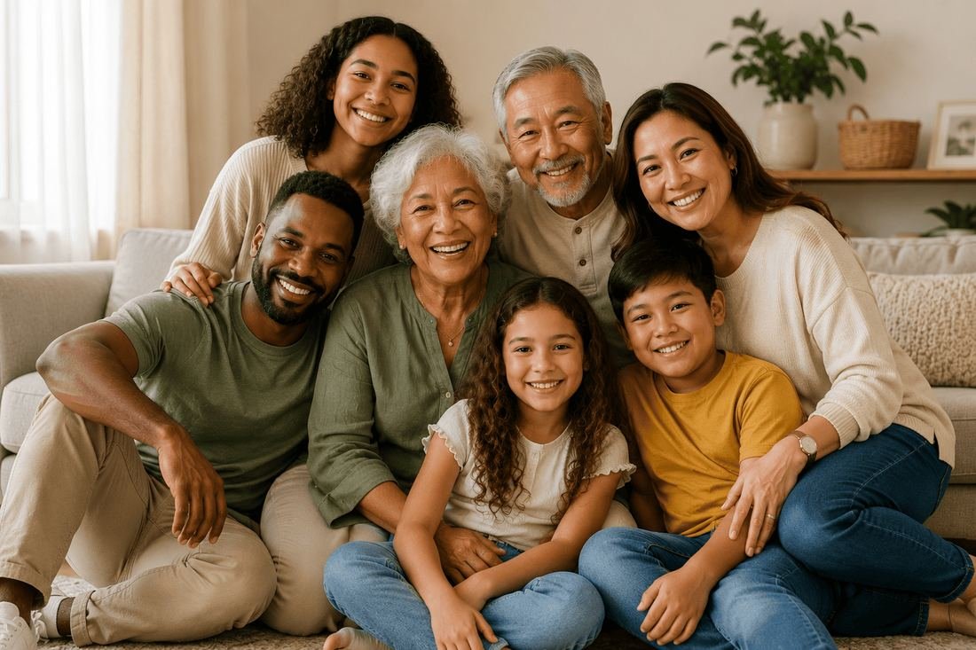 Multi-generational family of seven, different ages, together