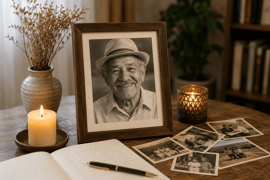 A framed portrait of an elderly relative alongside a candle and old family photographs